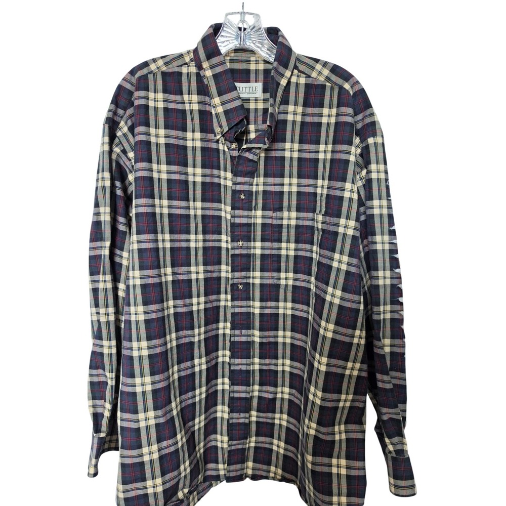 Tuttle Mens XXL Plaid Button Down Shirt Navy Blue Cream Red Cotton Made in USA